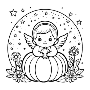 Sanfter Kawaii Engel mit Kürbis Malvorlage für verträumte Herbstfreunde