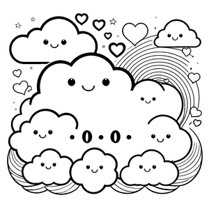 Herzliche Kawaii Wolken mit Regenbogen Malvorlage für kleine Himmelsfreunde