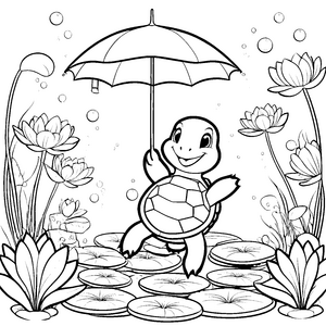 Niedliche Kawaii-Schildkröte mit Regenschirm Ausmalbild für fröhliche Teichfreunde