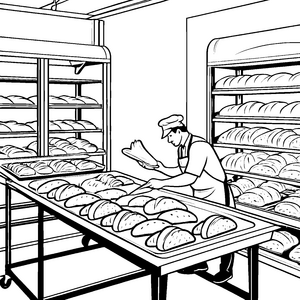 Engagierter Bäcker mit Brotlaiben Ausmalbild für verträumte Brotliebhaber