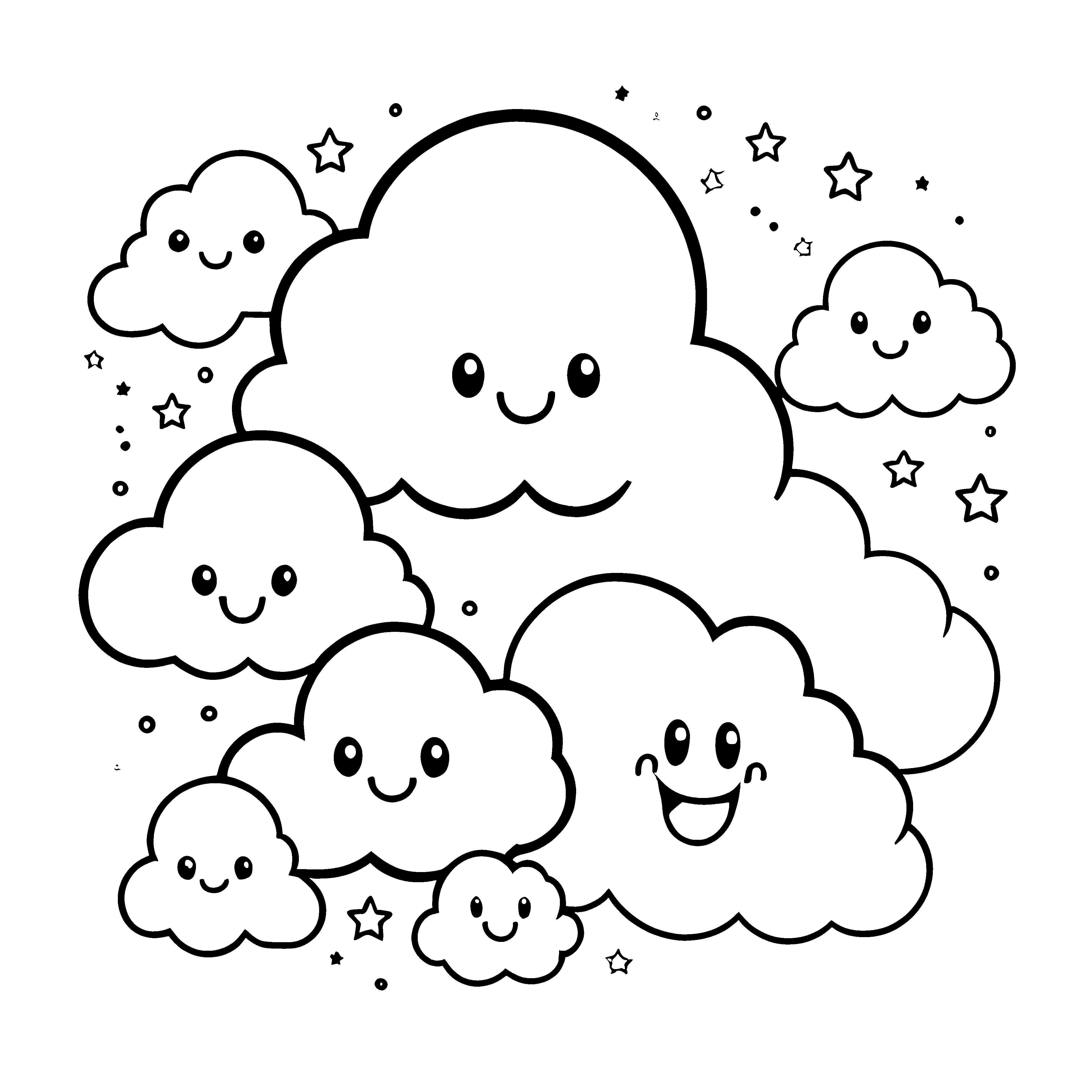 Fröhliche Kawaii-Wolken mit Sternen Malvorlage für kleine Himmelswanderer