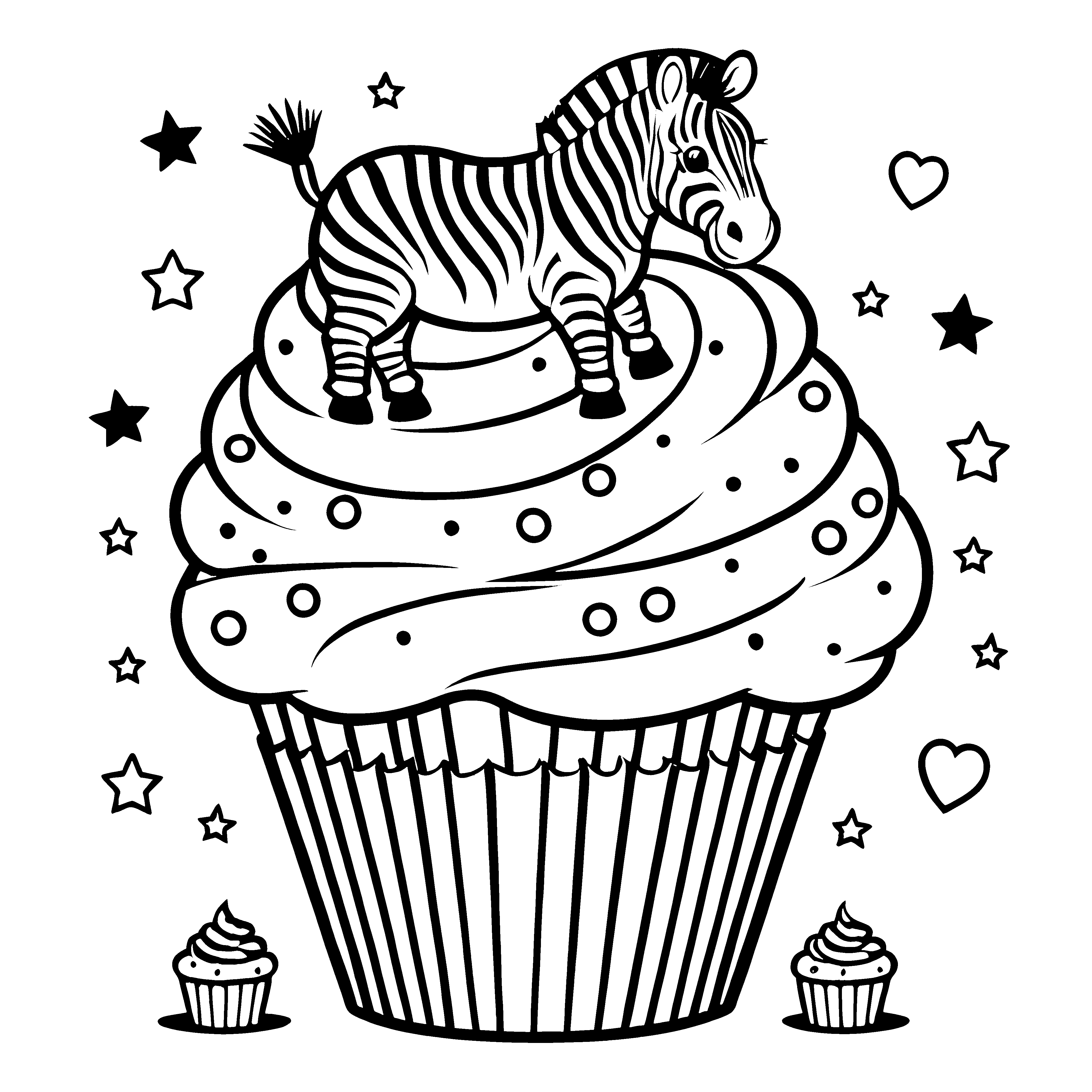 Niedliches Kawaii-Zebra auf Cupcake-Malbild für fröhliche Gebäckfreunde