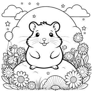 Freundlicher Kawaii-Hamster im Blumenfeld Malvorlage für kreative Naturfreunde