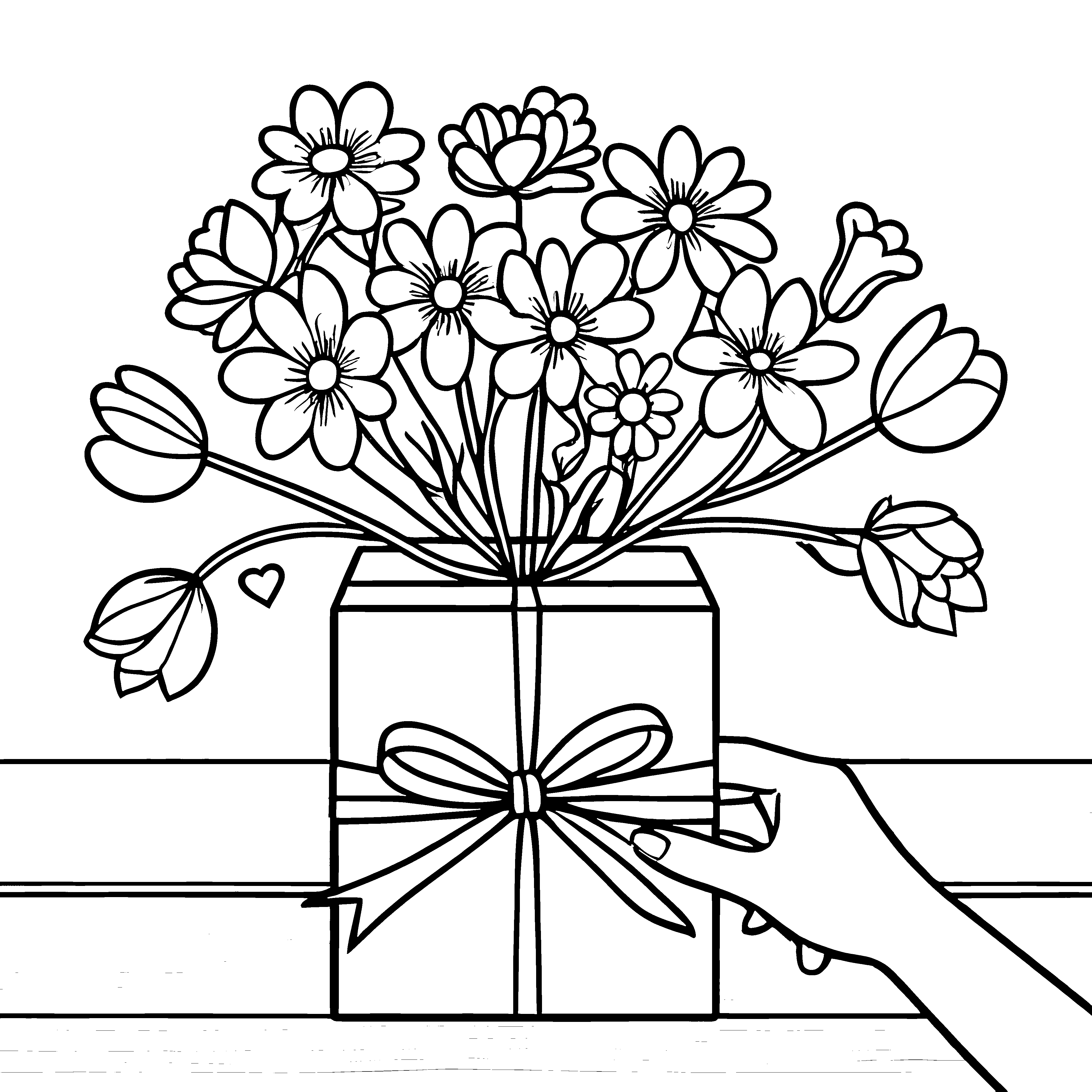 Festlicher Blumenstrauß in Geschenkbox Ausmalvorlage für kreative Blumenkinder