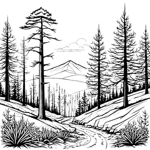 Erhabene Fichten am Bergweg Malbild für kleine Wanderer