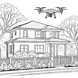 Technisch ausgreifende Drohne über Wohnhaus Ausmalvorlage für neugierige Gartenfreunde