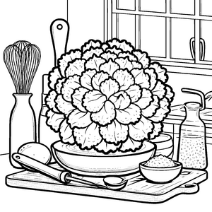 Rustikaler Blumenkohl mit Schneebesen Malvorlage für junge Küchenhelden