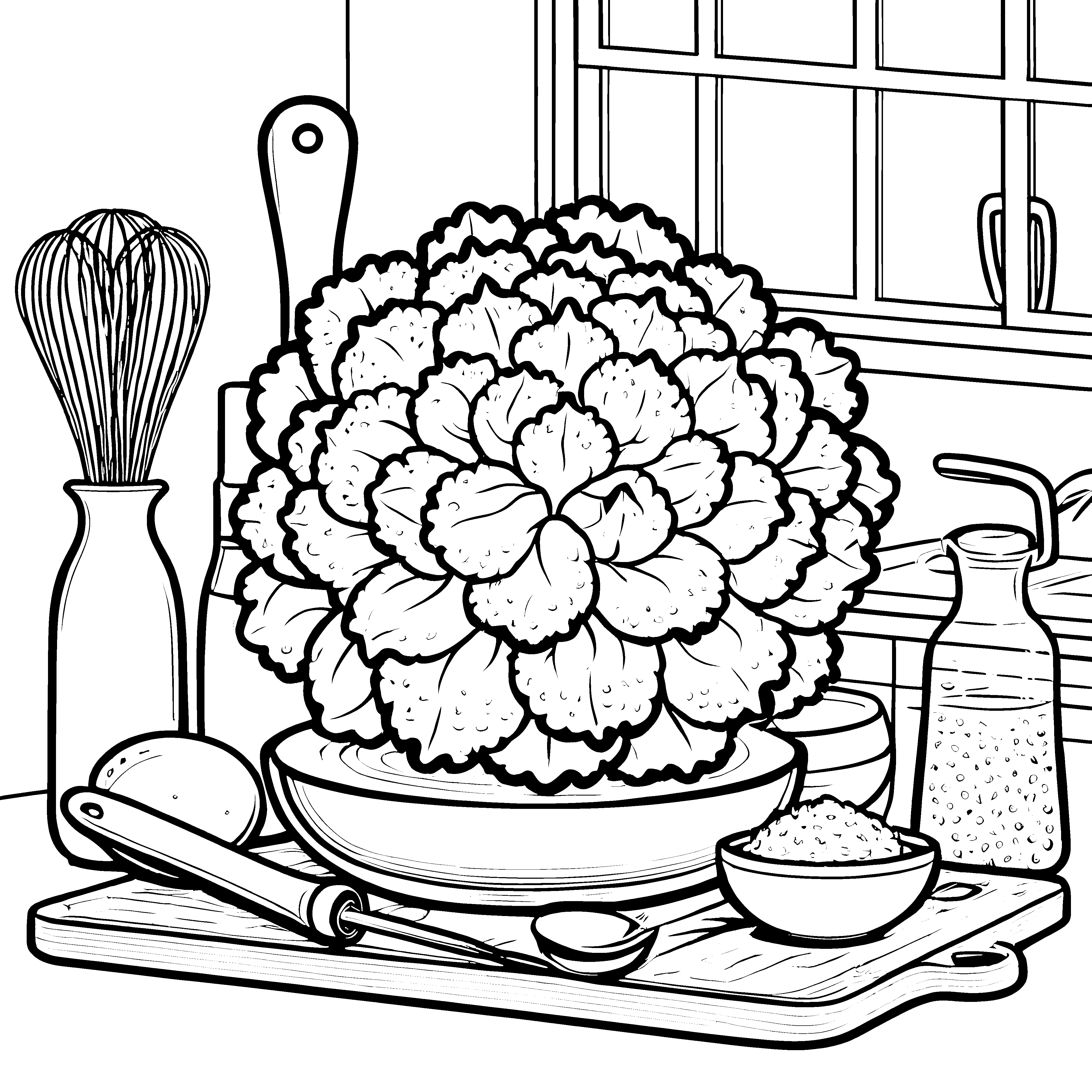 Rustikaler Blumenkohl mit Schneebesen Malvorlage für junge Küchenhelden