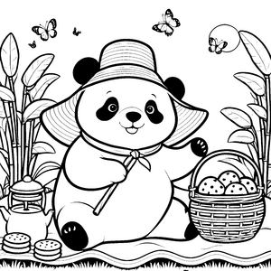 Abenteuerlustiger Panda mit Teekanne Malbild für kleine Wanderer