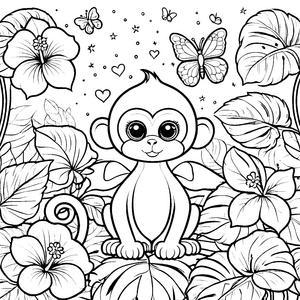 Niedlicher Kawaii-Affe mit Hibiskusblumen Malbild für Dschungelfreunde