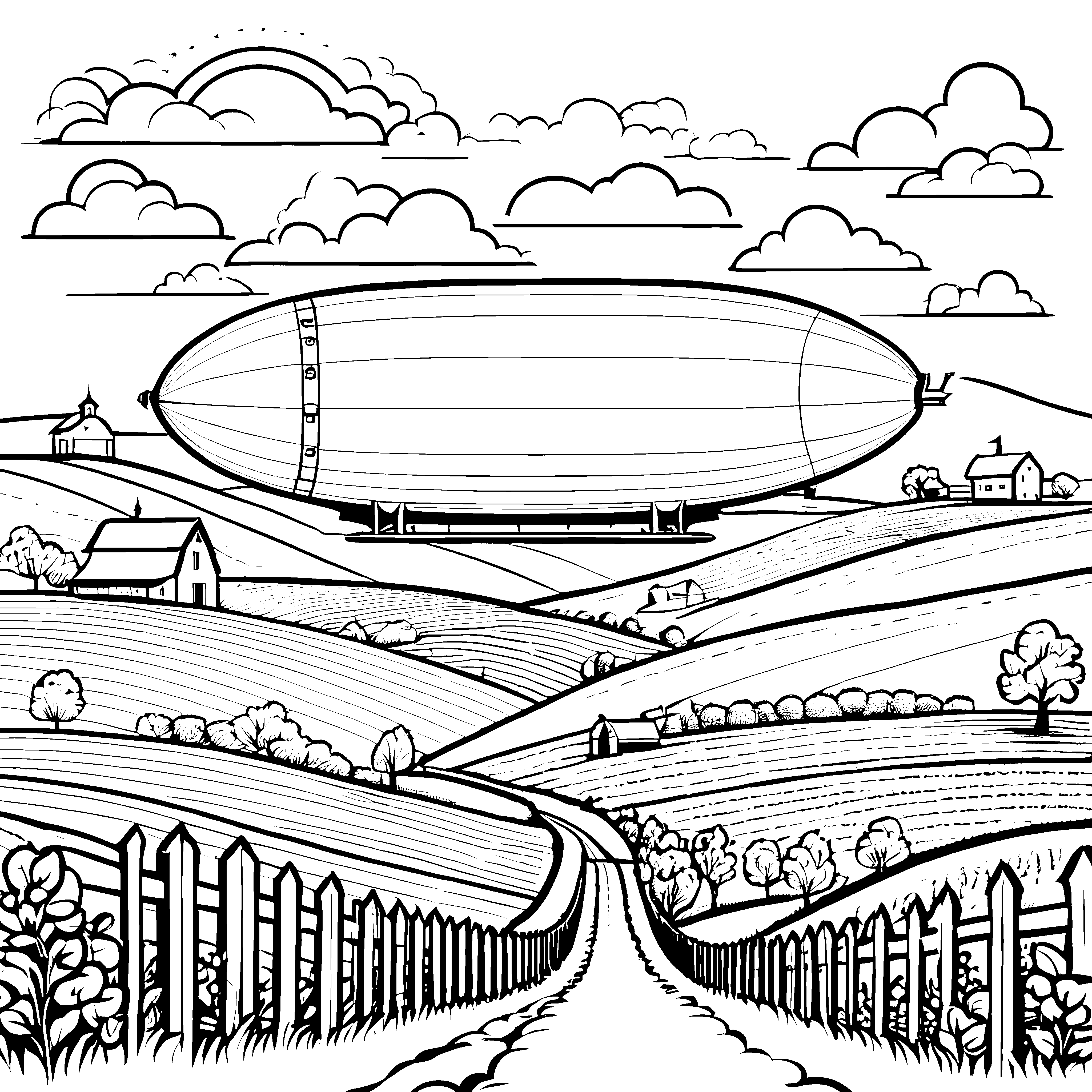 Imposante Zeppeline über Agrarlandschaft Ausmalvorlage für mutige Bauernhoffreunde
