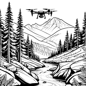 Spektakuläre Drohne über Bergsee Ausmalbild für mutige Bergsteiger