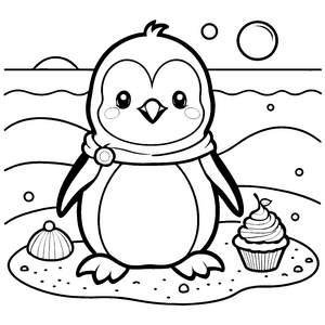 Herzlicher Kawaii-Pinguin mit Cupcake Malvorlage für kleine Winterfreunde