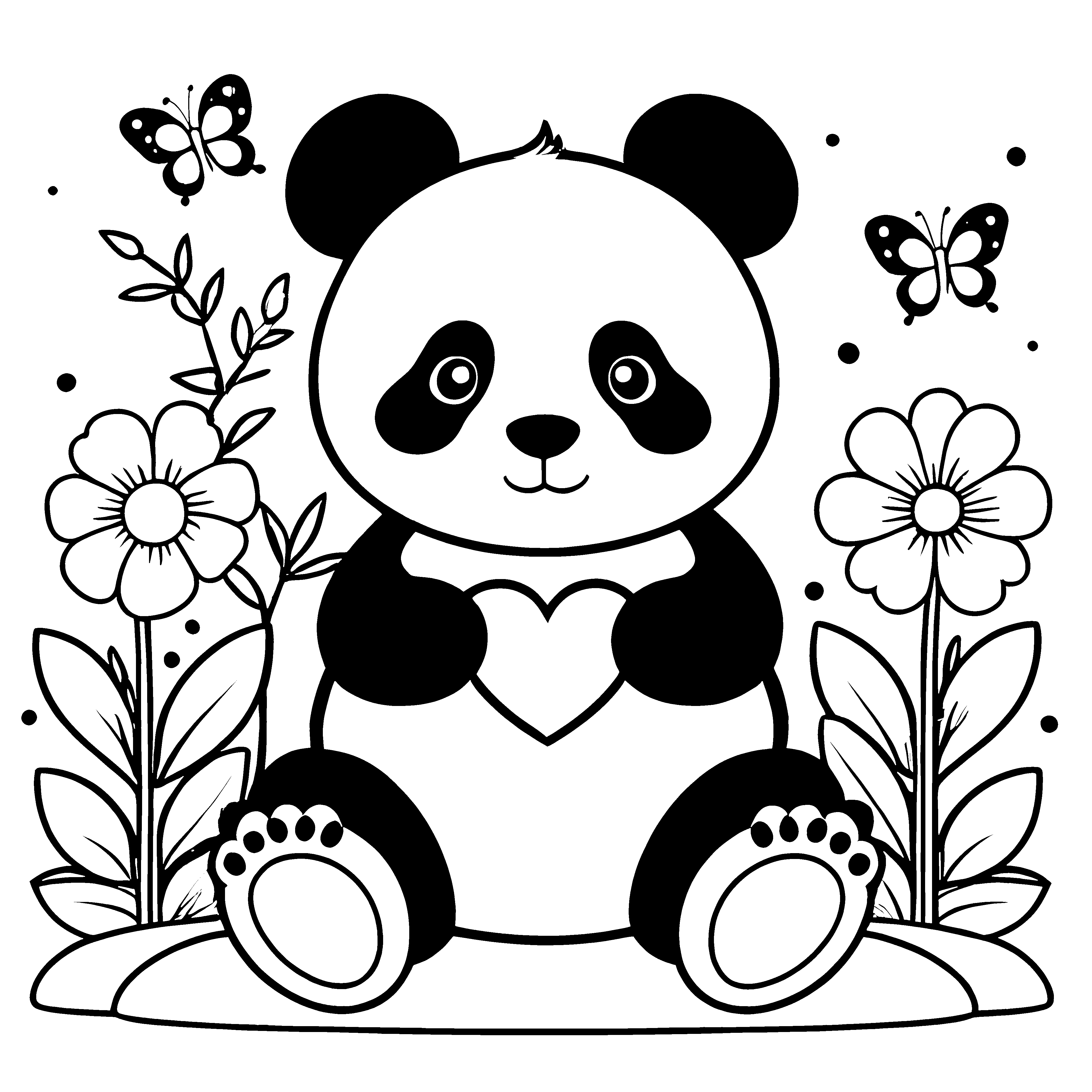 Liebenswürdiger Panda mit Herz Bastelvorlage für neugierige Blumenfreunde