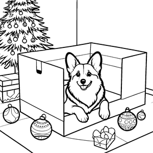 Festlicher Corgi im Geschenkkarton Malbild für Weihnachtsfreunde