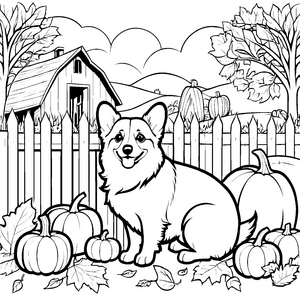 Herbstlicher Corgi mit Kürbissen Malvorlage für Bauernhoffreunde