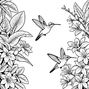 Lebhafte Kolibris zwischen großen Blättern Malbild für kreative Blumenbegeisterte