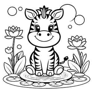Freundliches Kawaii-Zebra bei Seerosen Bastelvorlage für neugierige Wasserforscher