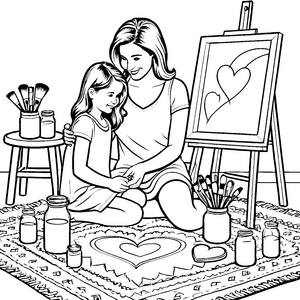 Zärtliche Mutter mit Kind an der Staffelei Bastelmotiv für fröhliche Kunstfreunde