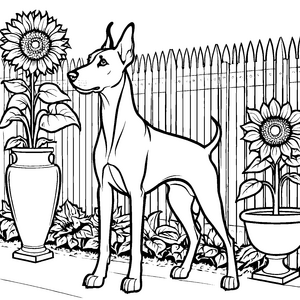 Stolzer Dobermann zwischen Sonnenblumen Malbild für Pflanzenliebhaber