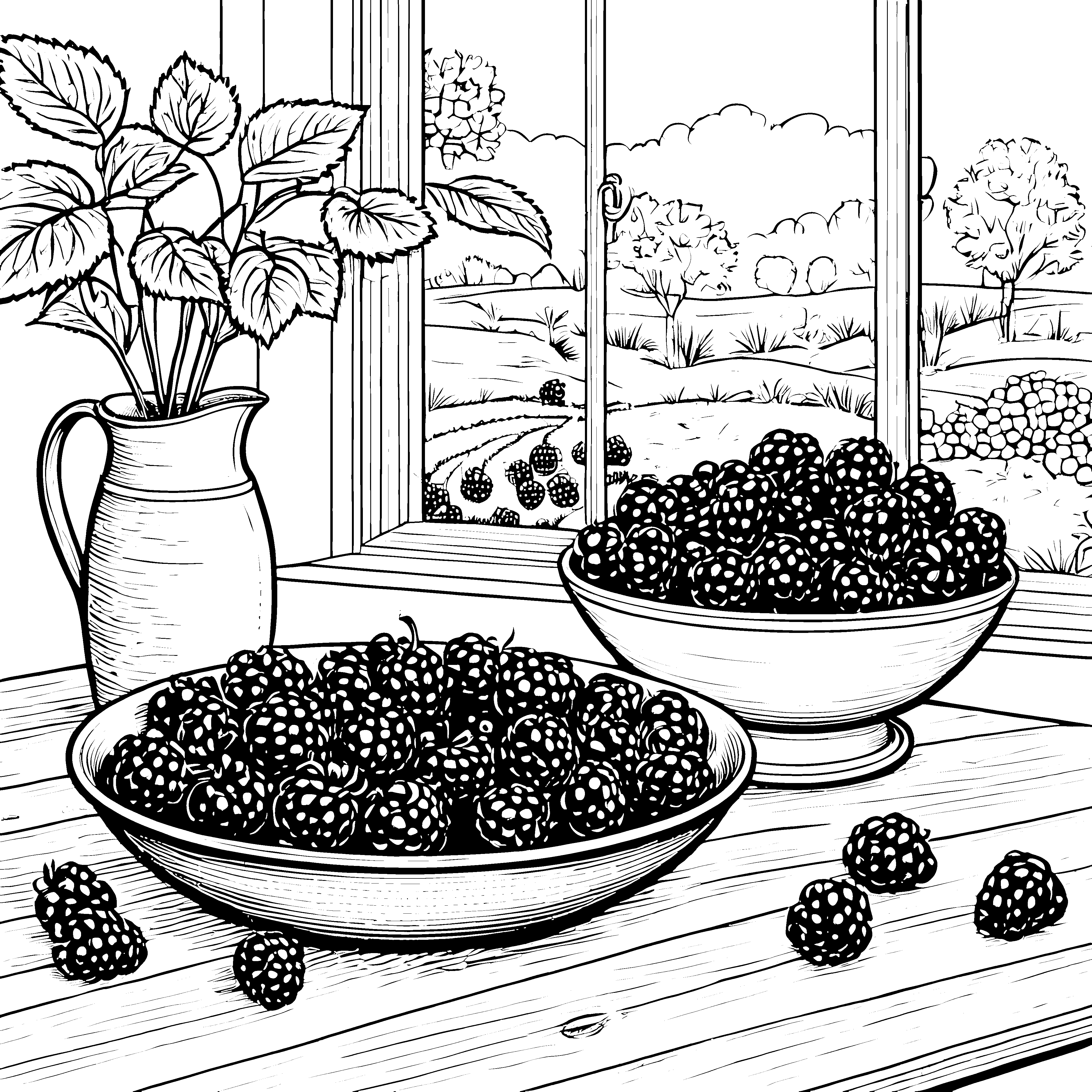 Idyllische Stachelbeeren in Schalen Ausmalvorlage für neugierige Erntehelfer