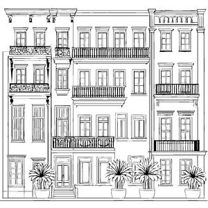 Prachtvolle Fassade mit bepflanzten Balkonen Ausmalbild für Architekturträume