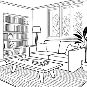 Begehbarer Couchtisch mit Büchern Ausmalvorlage für mutige Wohnraumprofis