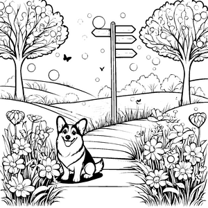 Idyllischer Corgi auf Blumenpfad Bastelmotiv für verträumte Wanderfreunde