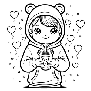 Süßes Kawaii-Mädchen mit Bärenkapuze Malvorlage für malfreudige Getränkeliebhaber