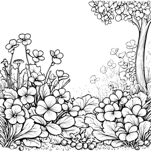 Üppige Veilchen unter blühendem Baum Ausmalbild für Blumenbegeisterte