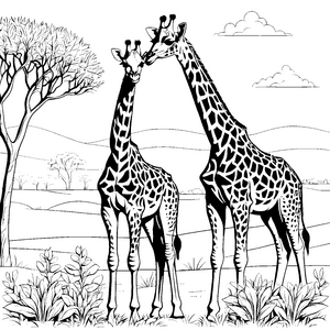Liebevolle Giraffenjungtiere bei Akazien Ausmalvorlage für Savannenfans