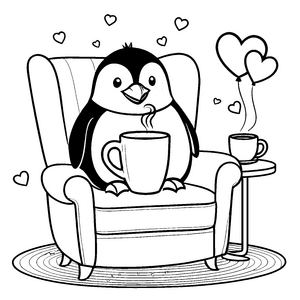 Gemütlicher Kawaii-Pinguin mit Herzballons Malbild für neugierige Kaffeetrinker