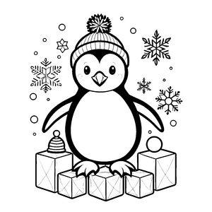 Niedlicher Kawaii-Pinguin mit Geschenken Bastelmotiv für malfreudige Winterkinder
