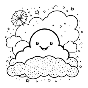 Herzliche Kawaii-Wolken mit Regenschirm Malbild für kleine Himmelsträumer