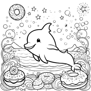 Verspielter Kawaii-Delfin mit Donuts Malvorlage für malfreudige Meeresputzer