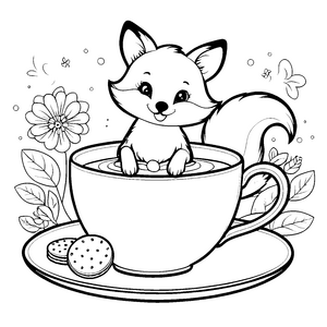 Liebervoller Kawaii-Fuchs in Teetasse Malbild für kreative Teezeitfreunde