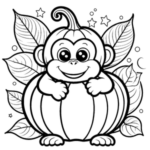 Herzlicher Kawaii-Affe mit Kürbis Ausmalvorlage für kleine Waldfreunde