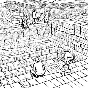 Beeindruckende Archäologen an antiken Steinblöcken Ausmalbild für fröhliche Ruinenbauer