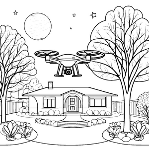 Futuristische Drohne über Gartenhaus Malvorlage für kleine Häuserfans