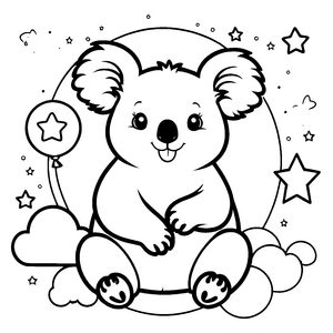 Verspielter Koala mit Sternenballon Ausmalvorlage für neugierige Wolkenfreunde