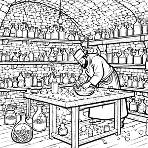Ehrwürdiger Alchemist mit Glasflaschen Bastelvorlage für junge Trankmeister