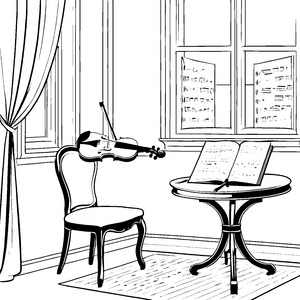 Harmonische Geige mit Notenbuch Malbild für kreative Taktgeber
