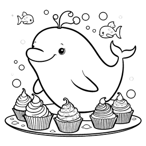 Niedlicher Wal mit Cupcakes Bastelmotiv für fröhliche Naschfreunde