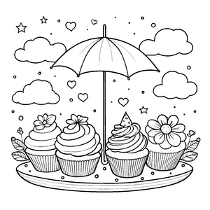 Süße Kawaii-Wolken mit Cupcakes Ausmalbild für fröhliche Naschkatzen