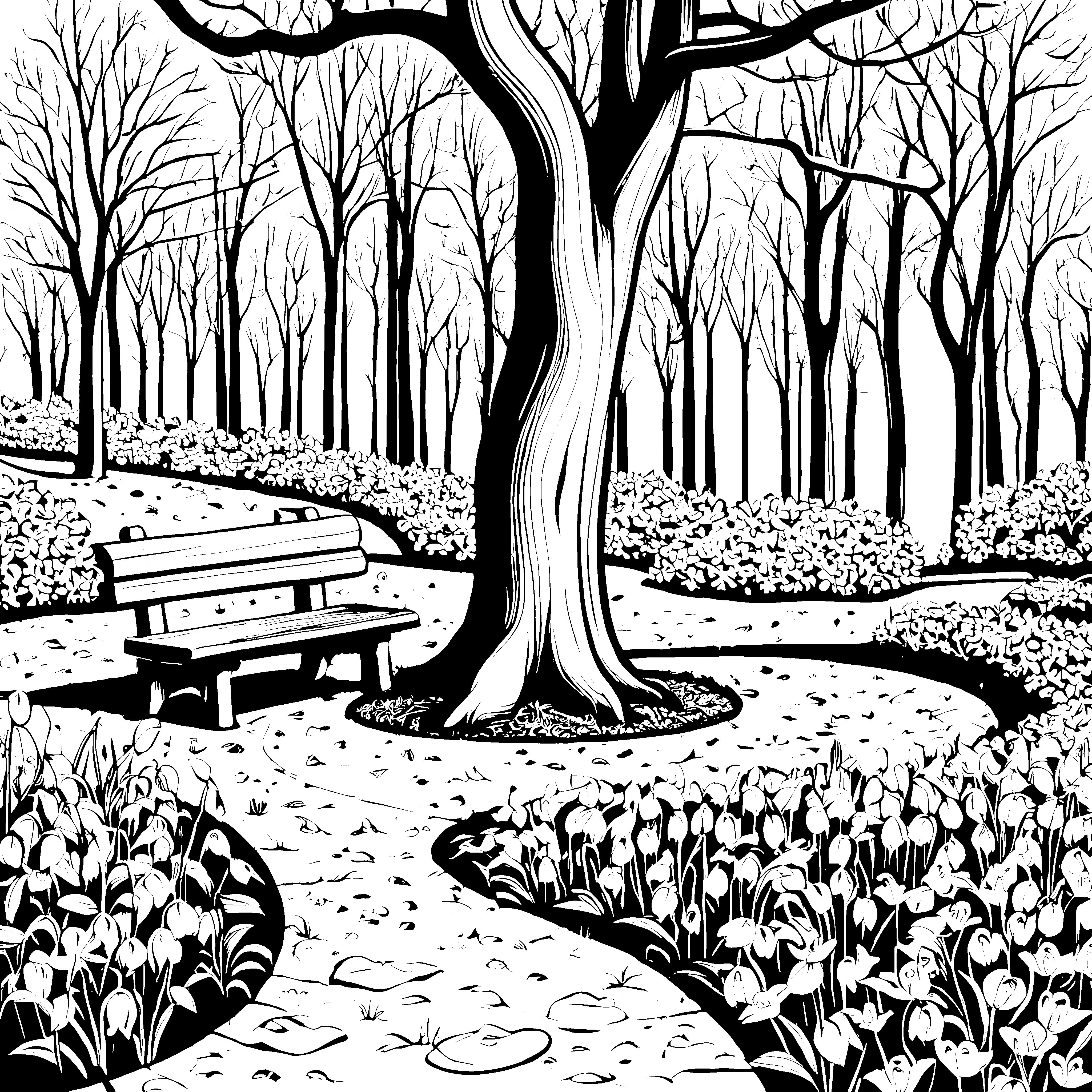 Idyllische Schneeglöckchen am Baum Malbild für neugierige Waldkinder
