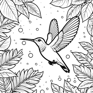 Exotischer Kolibri bei tropischen Blättern Ausmalbild für verträumte Dschunglträumer