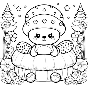 Lieblinghafter Kawaii-Teddybär mit Pilzhut Malvorlage für neugierige Waldfreunde