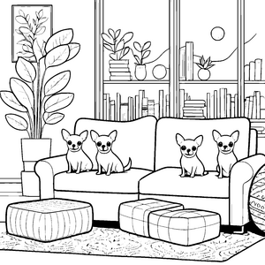 Entspannte Chihuahuas auf dem Sofa Ausmalvorlage für kreative Wohnzimmerfreunde