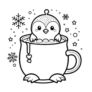 Flaumiger Kawaii-Pinguin in Schaumtasse Malbild für verträumte Winterträumer