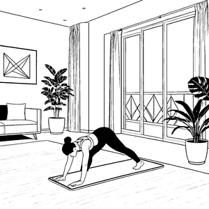 Konzentrierte Yoga-Pose am Sofa Ausmalbild für Wohnzimmerfreunde
